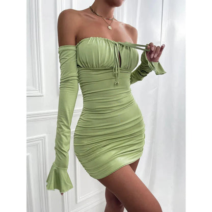 A green off-shoulder lace-up bodycon mini dress with trumpet sleeves and a backless design.