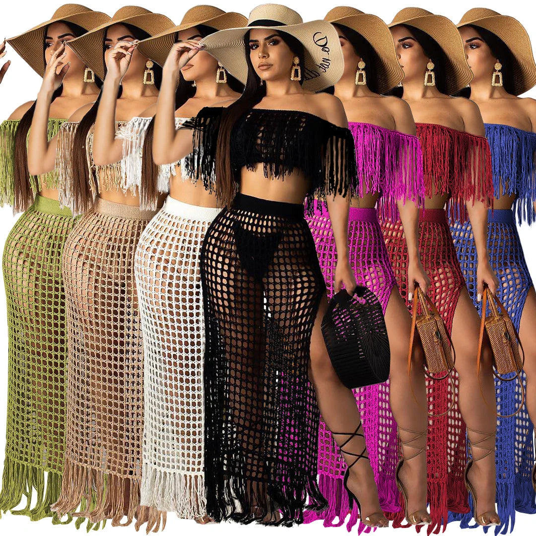Elegant handcrafted off-shoulder beach skirt set with tassel accents in black, white, and rose red colours