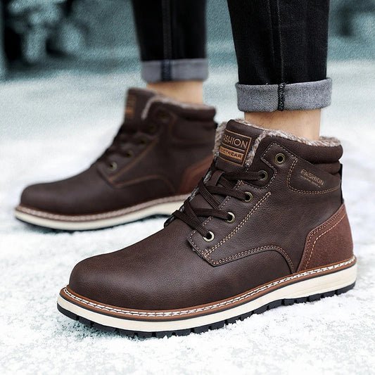 A pair of warm, comfortable men's winter boots with a plush lining and lace-up design, suitable for cold weather wear.