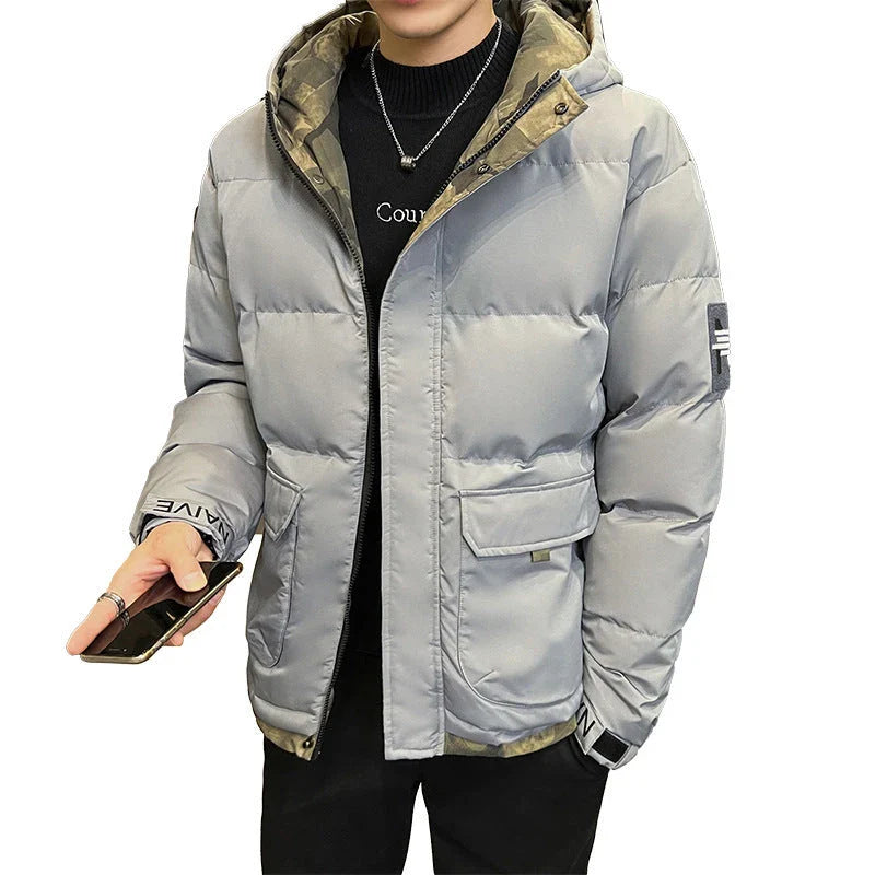 A premium hooded down coat in black, designed for stylish British gentlemen with superior warmth and weather-resistant construction.