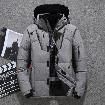 Men's premium white duck down insulated winter jacket with multiple pockets, adjustable hood and cuffs, designed for warmth and style.