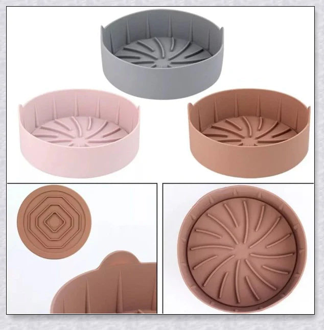 Premium silicone air fryer basket with flexible, non-stick design for easy cleaning and even heat distribution