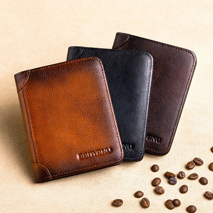 Premium men's short leather wallet with tri-fold design, made from top-grain cowhide leather for exceptional quality and style.