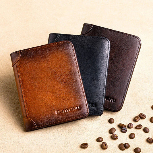 Premium men's short leather wallet with tri-fold design, made from top-grain cowhide leather for exceptional quality and style.