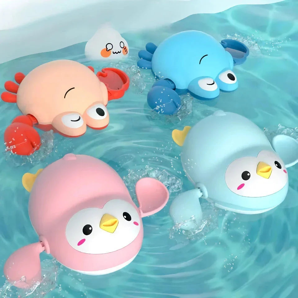 Delightful wind-up bath toys in a red turtle design, floating and moving in the water, providing fun and engaging playtime for children.
