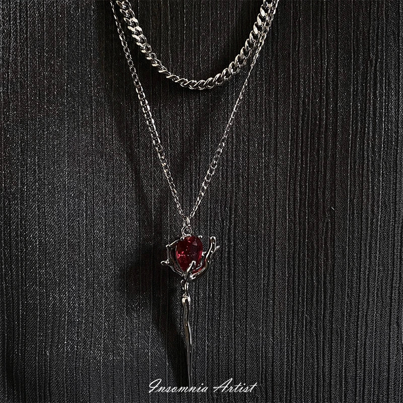 Premium Vampire Sceptre Necklace with Alloy and Semi-Precious Stones, Adjustable Chain for Customised Fit, Gothic Charm and Macabre Style