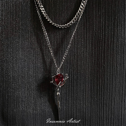 Premium Vampire Sceptre Necklace with Alloy and Semi-Precious Stones, Adjustable Chain for Customised Fit, Gothic Charm and Macabre Style