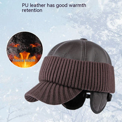 Men's Winter Baseball Cap with Leather Earflaps in Brown Colour