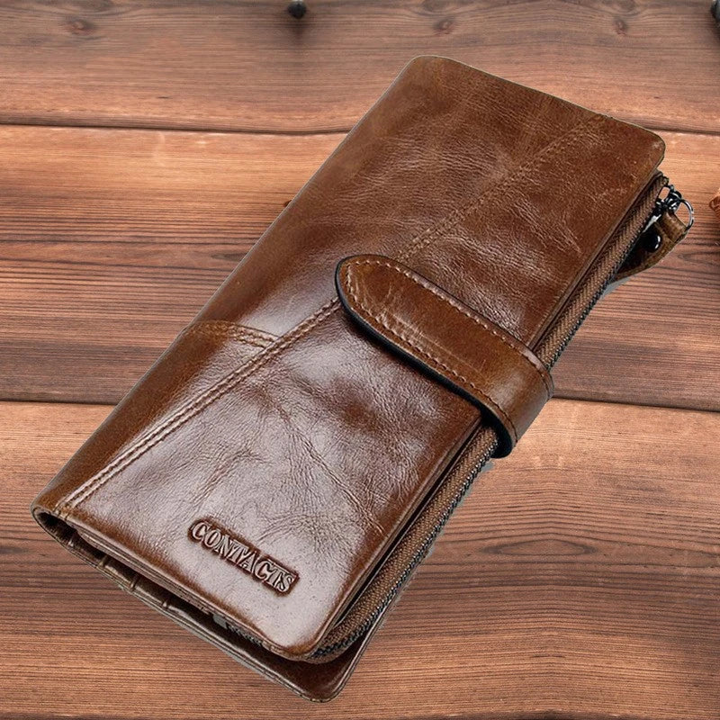 Premium genuine leather wallet with intricate stitching detail, designed for organised and stylish everyday carry