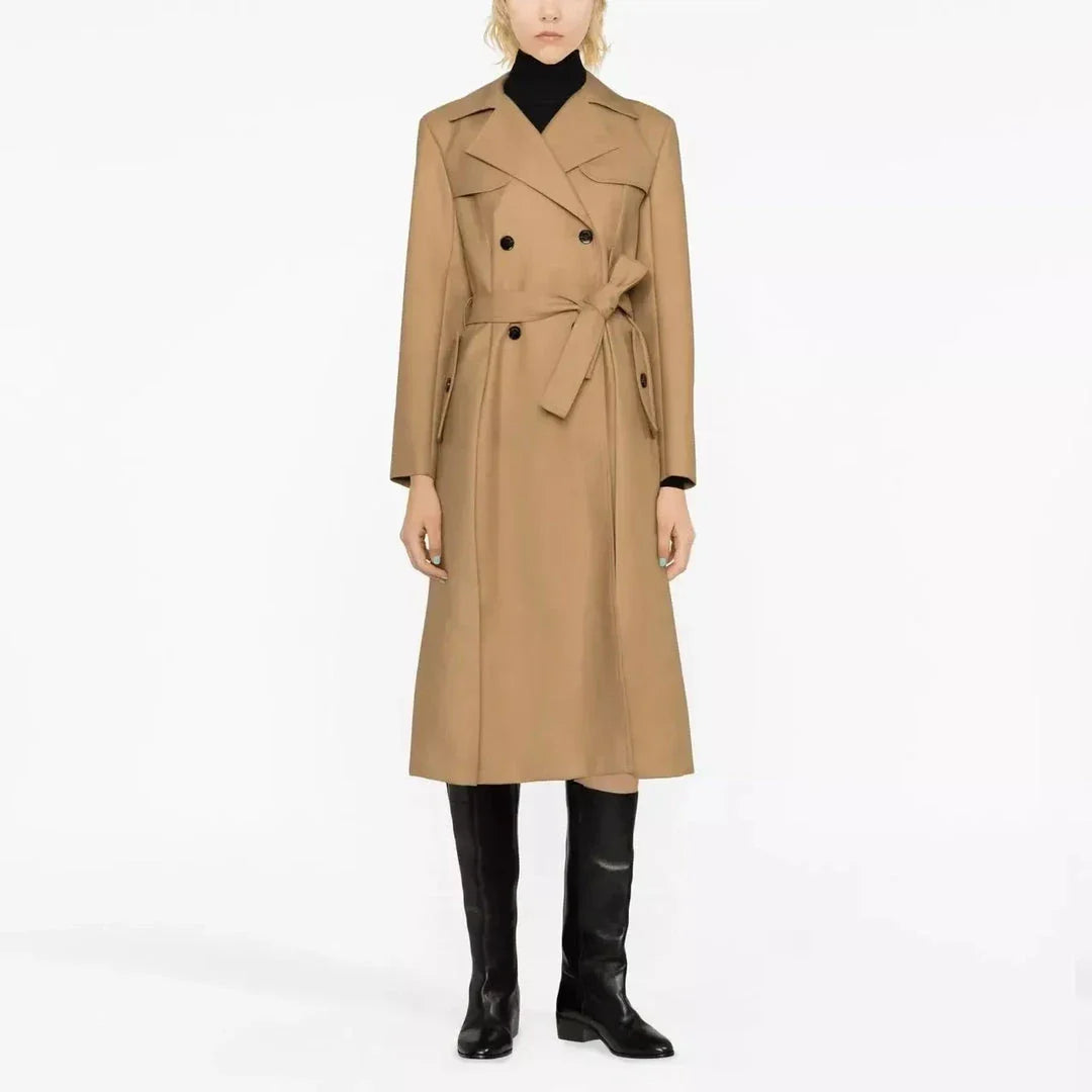 Elegant double-breasted women's trench coat in beige colour with sash, perfect for autumn and winter in the UK
