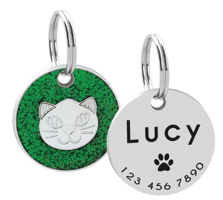 Premium stainless steel ID tag with engraved glitter design and customisable text
