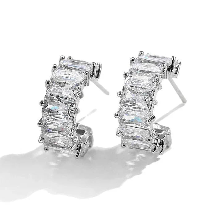 Multicolour glass diamond C-shaped earrings with alloy-inlaid artificial gems and semi-precious stones