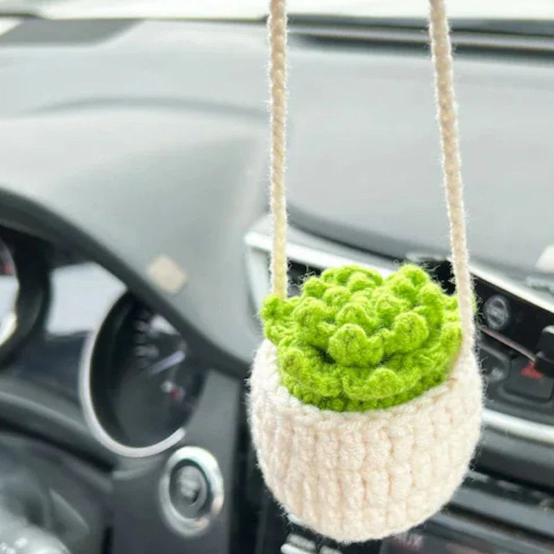 Charming knitted car plant decor with hanging white rope and green and white colour scheme