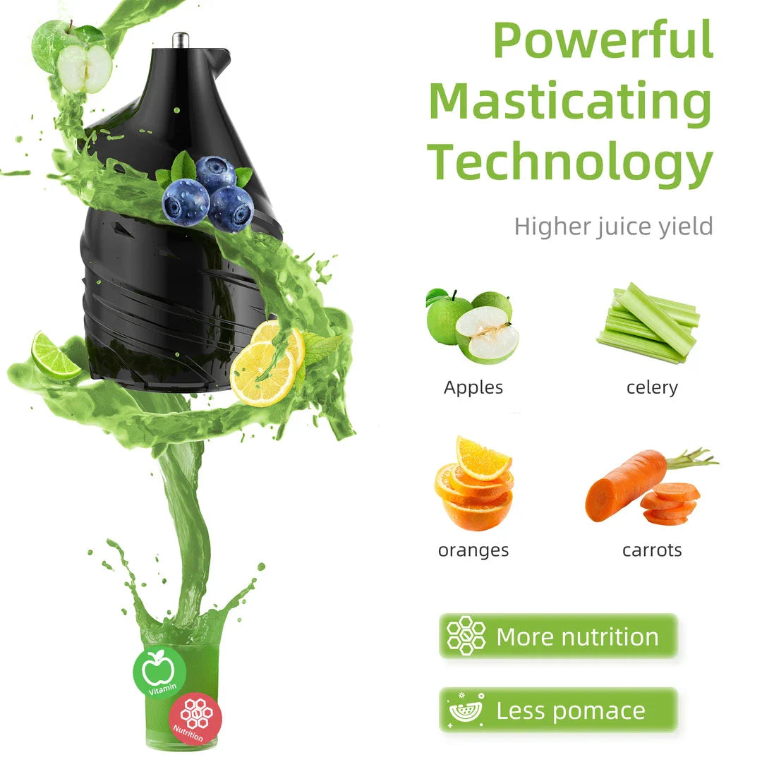 Premium cold press juicer with 200W motor, slow masticating process, and 3-inch wide feed chute for whole produce juicing