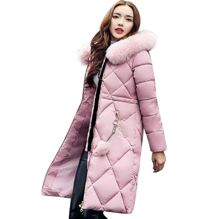 A premium padded down coat for women with a detachable hood, designed to provide warmth and style during the winter.