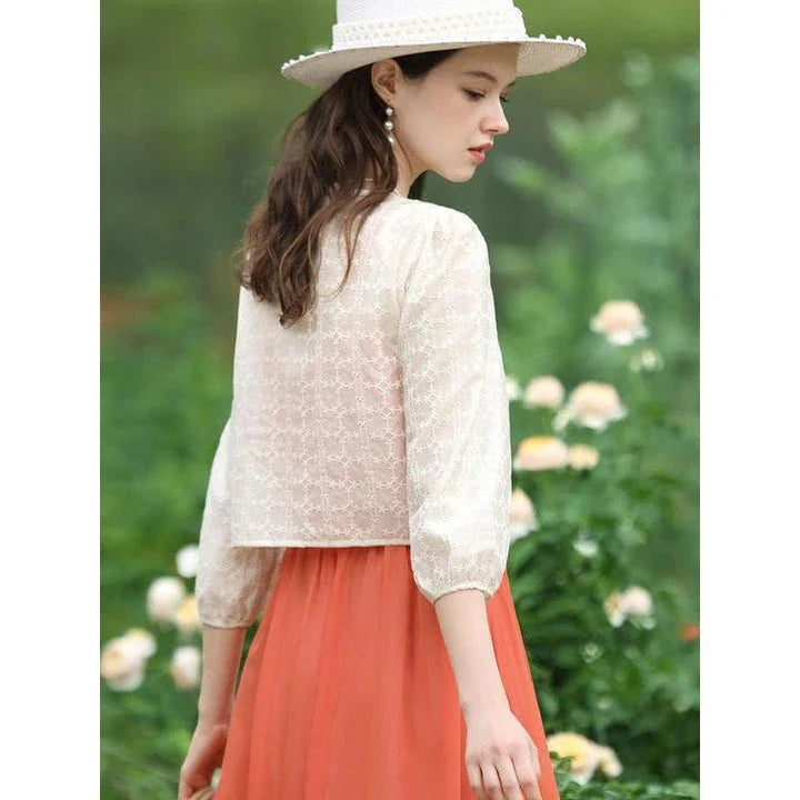 Elegant Summer Lace Jacket for Women - Vintage-inspired style with floral and lace design, puff sleeves, and wide-waisted cut for a flattering silhouette.