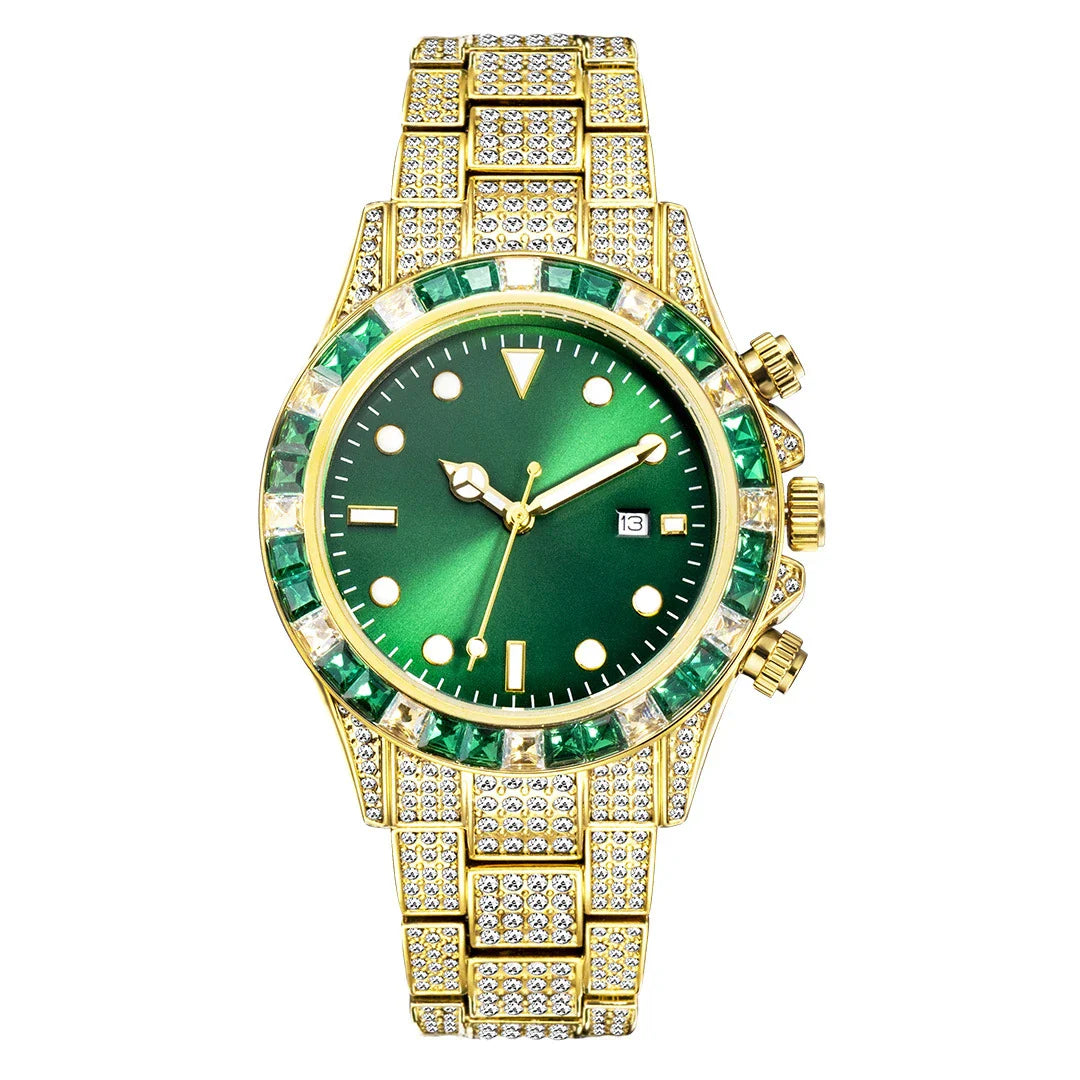 Premium diamond-encrusted green quartz watch with luminous display and sun pattern design