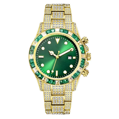 Premium diamond-encrusted green quartz watch with luminous display and sun pattern design