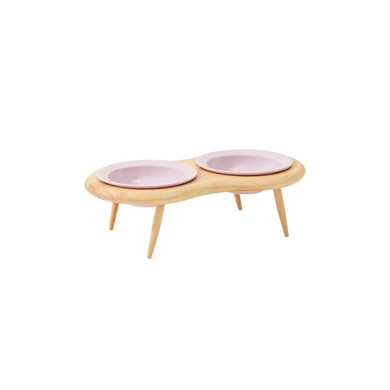Elevated cat and small dog ceramic feeding set with adjustable wooden stand