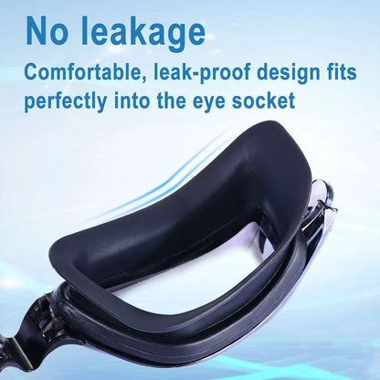 Premium adult swimming goggles with anti-fog lenses, UV protection, and adjustable silicone frame