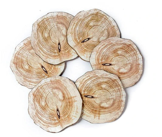 Set of 6 premium wooden coasters in oak and walnut finishes, designed to protect surfaces from water damage and enhance the ambiance of any space.