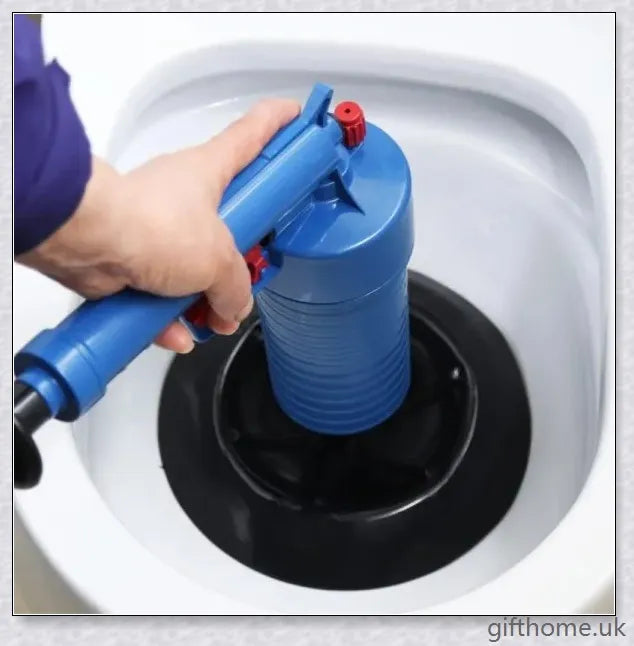 The Air Drain Blaster, a high-powered tool that uses compressed air to quickly unclog sinks, tubs, and toilets without harmful chemicals.