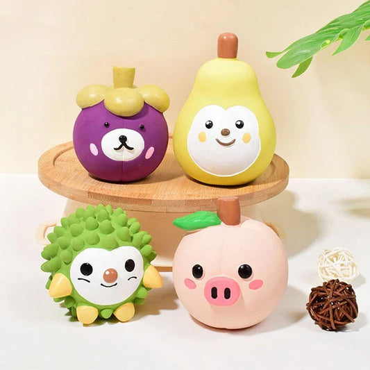 Colourful fruit-shaped squeaky dog toy made of durable, chew-resistant latex material