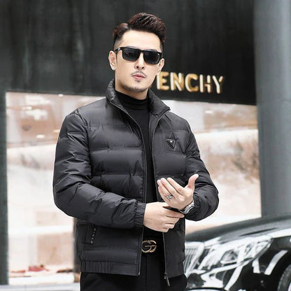 Warm and weatherproof men's down jacket with stand collar and knitted sleeves, made from premium polyester fibre and filled with luxurious duck down