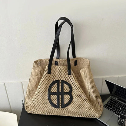 A handmade straw tote bag with a unique hollow-out knitting design, featuring a soft faux fur lining and a spacious interior for versatile use.