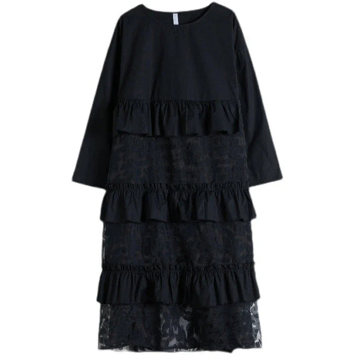 Plus size black lace dress with long sleeves and a loose, relaxed fit for a timeless and sophisticated look