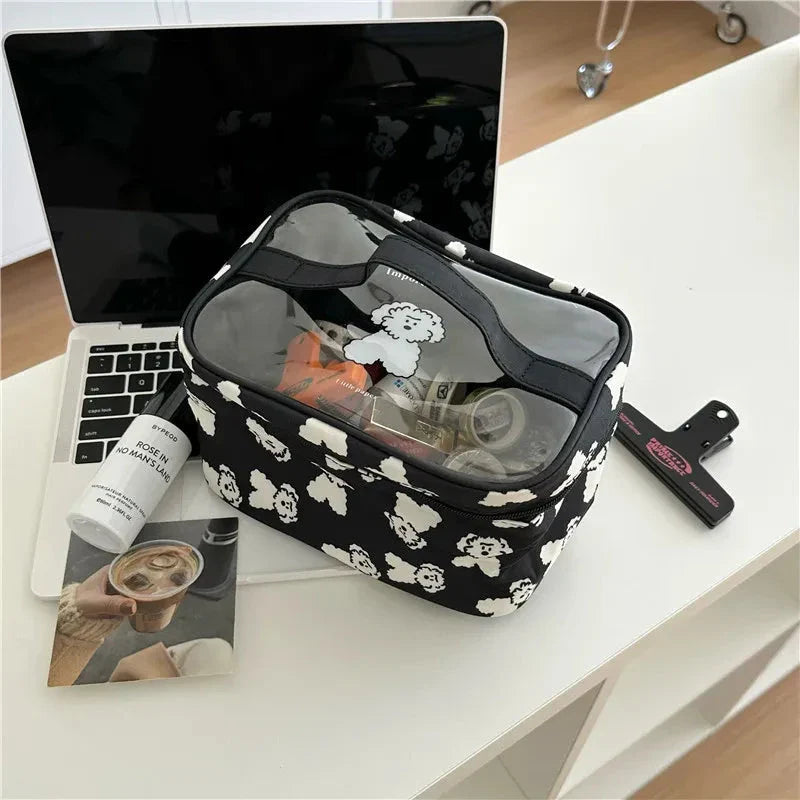 Charming dog print makeup bag with large capacity and secure zipper closure for organised storage of beauty essentials