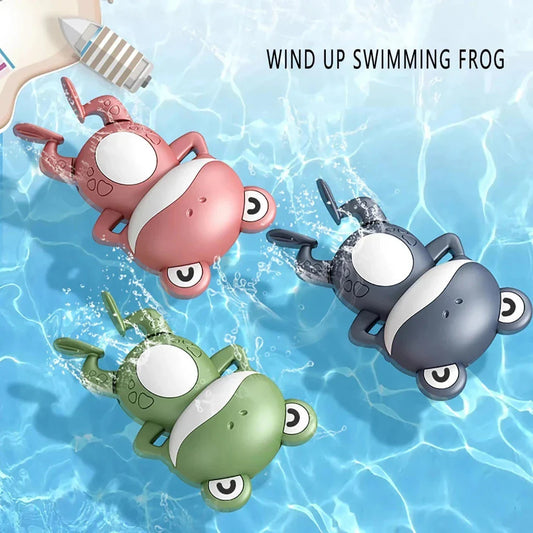 Adorable clockwork-powered frog bath toy with smooth edges for safe, fun playtime in the tub or pool