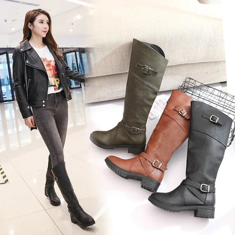 A pair of stylish women's low heel boots with a round toe design, available in black, brown, and army green colours.