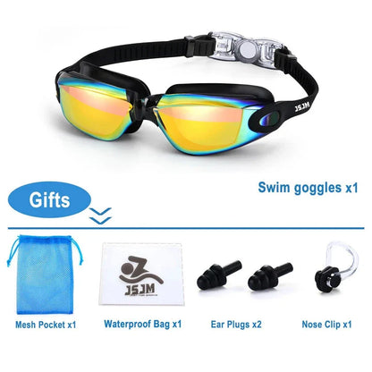 Premium adult swimming goggles with anti-fog lenses, UV protection, and adjustable silicone frame