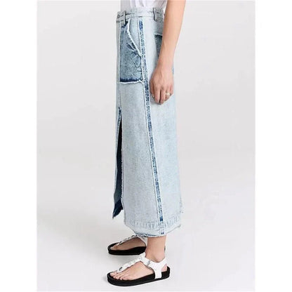 A stylish denim skirt with a split colour patchwork design, crafted from high-quality cotton for comfort and durability.