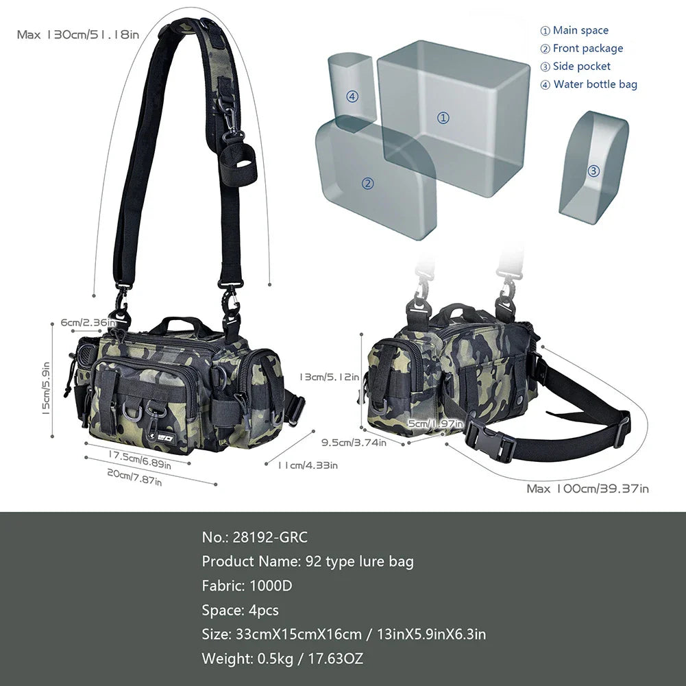 Premium green camouflage fishing tackle kit with Oxford cloth construction and convenient one-shoulder pocket for UK anglers