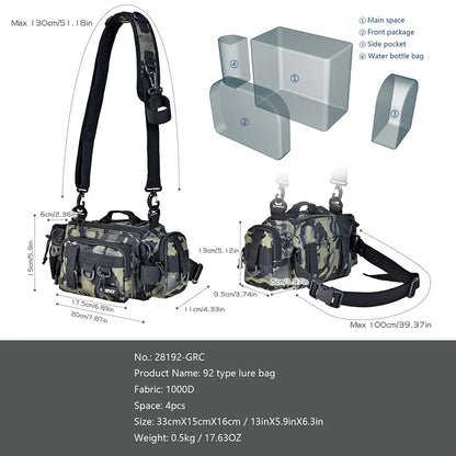Premium green camouflage fishing tackle kit with Oxford cloth construction and convenient one-shoulder pocket for UK anglers