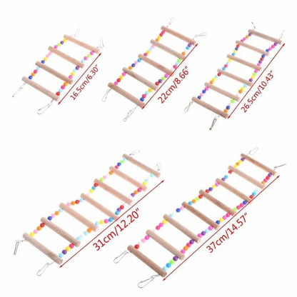 Sturdy wooden rainbow ladder with two hanging hooks, designed as a colourful climbing toy for pet birds