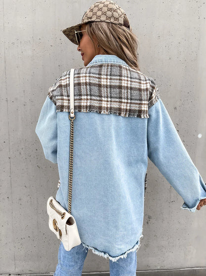 Classic denim plaid jacket with relaxed fit, made from high-quality polyester for British women.