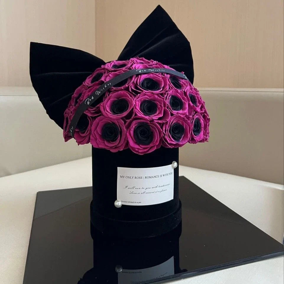 Elegant black plum bow flower pot with preserved plum blossoms, a sophisticated and long-lasting home decor piece