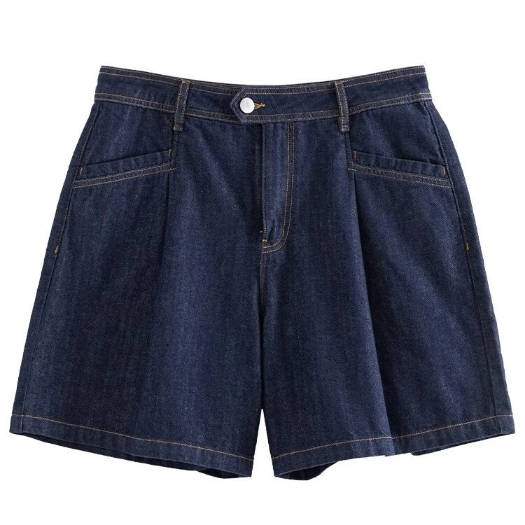 Dark denim high-waist loose shorts with retro pleated design, offering comfort and style for the modern British woman.