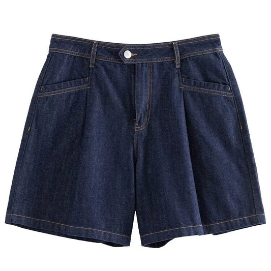 Dark denim high-waist loose shorts with retro pleated design, offering comfort and style for the modern British woman.
