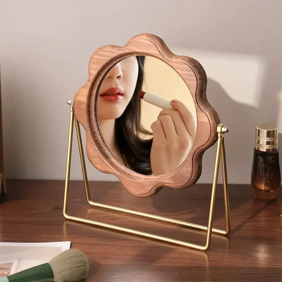 Elegant round desktop makeup mirror with wood frame in neoclassical design