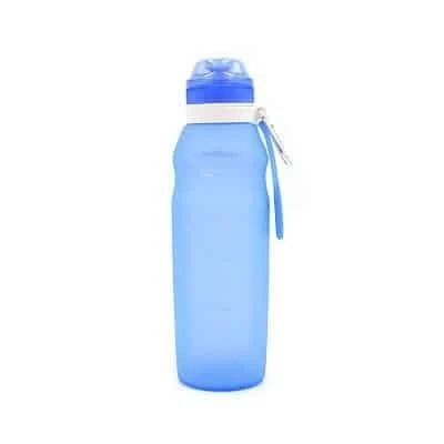 A collapsible, silicone water bottle in blue colour with a leak-proof design and a 600ml capacity.