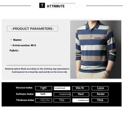 Premium Striped Long Sleeve Polo Shirt in Gray for Gentlemen - Soft, Breathable Fabric, Colour-Block Design, Versatile Casual-to-Smart Styling