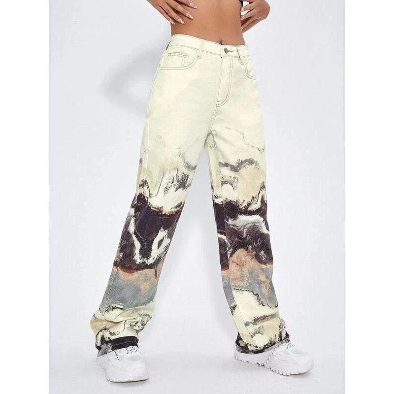 Stylish tie-dye wide-leg high-waist jeans in various sizes, featuring a unique colorblock design and premium denim fabric.