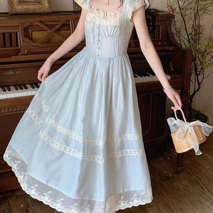 Elegant lace bow blue long dress for stylish ladies, featuring a high-waisted design and sleeveless silhouette for a sophisticated formal look.