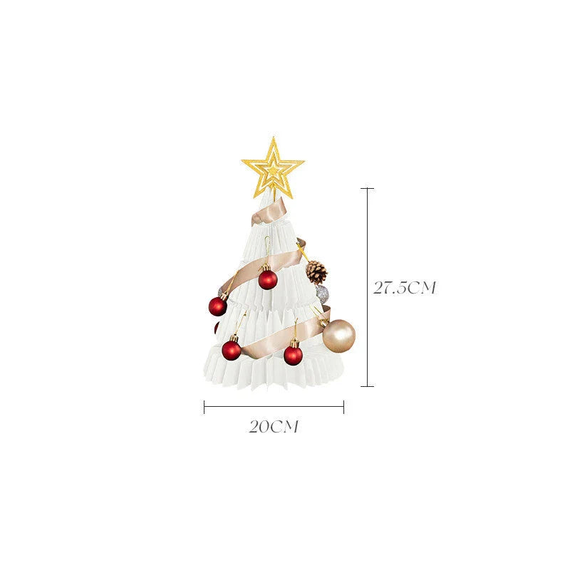 A beautifully crafted origami Christmas tree decoration in a Nordic-inspired style, with a warm, glowing illumination