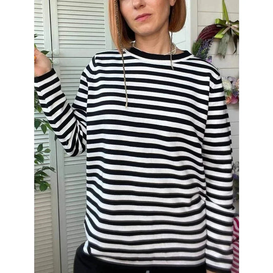 Autumnal knitted stripe jumper in a casual, relaxed style suitable for women during the autumn and winter seasons