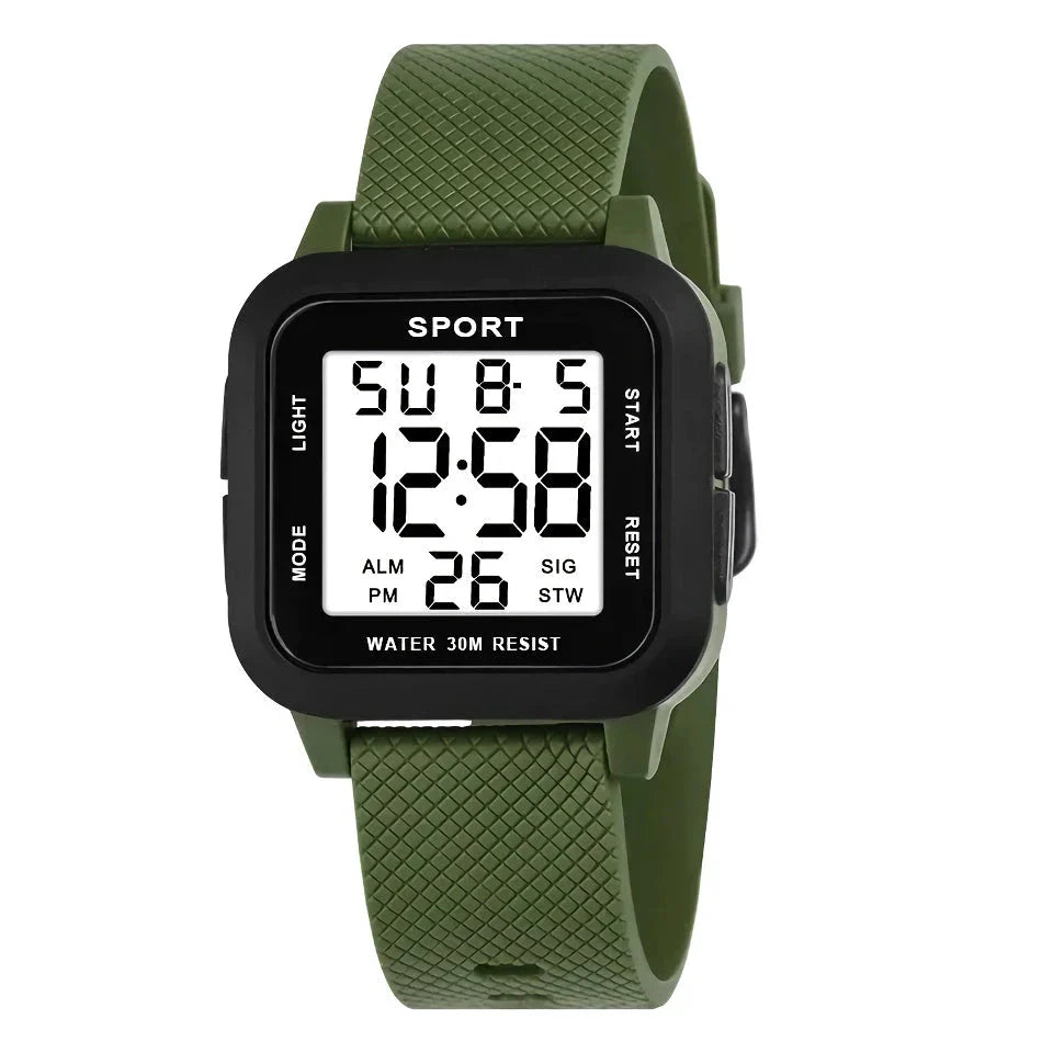 Rugged LED military sports watch with shock-resistant rubber case and tough TPU band, designed for adventurous men in the UK